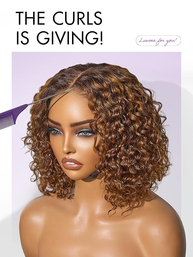 LUVME HAIR 5X5 Deep Curly 10 Inch 100% Human Hair Wigs Curly Deep Wave Glueless Lace Front 10 Inches, Pre Cut Plucked Hd Lace Short Wig Ready To Go Mix Brown Color Straight Bleached Knots Black Wigs