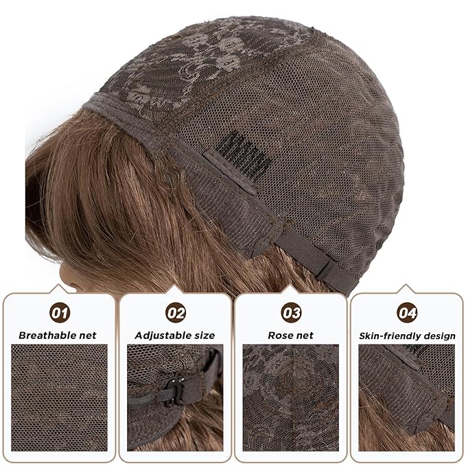 NOBLE Bob Wig with Bangs 12 Inches Synthetic Wavy Bob Wigs for Women Natural Looking Short Brown Wig Heat Resistant Fiber Hair for Daily Party Use