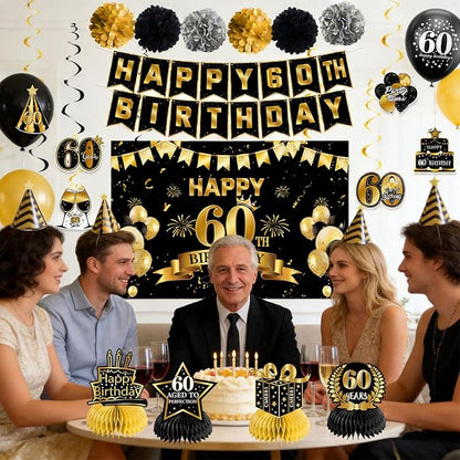 60th Birthday Decorations for Men Women | Pre-Strung Black Gold Happy Birthday - Image 3