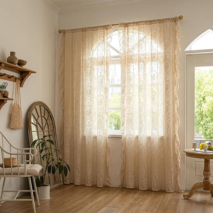 Deeprove Beige Lace Curtains 63 inches Length 2 Panels Set Sheer Boho Florals - Image 8