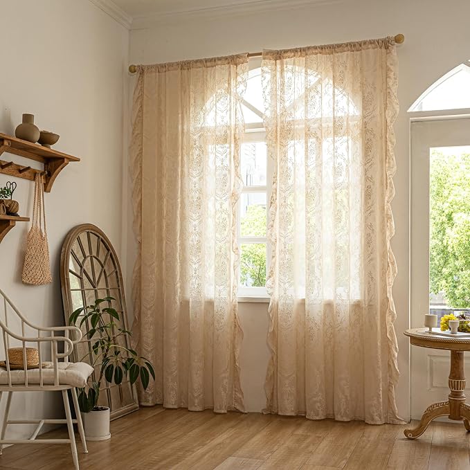 Deeprove Beige Lace Curtains 84 inches Length 2 Panels Set - Image 7