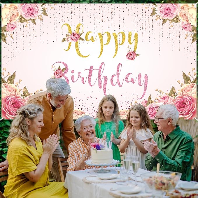 Happy Birthday Banner Pink Birthday Party Backdrop - Image 6