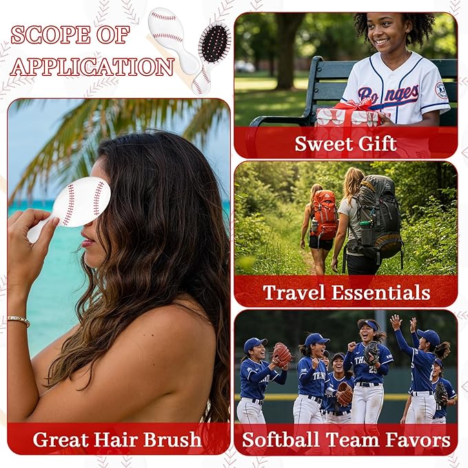 16Pcs Baseball Mini Detangler Brushes Sports Theme Mini Travel Hair Brush Soft Flexible Bristles Plastic Brush for Baseball Team Gift Sport Party Favors