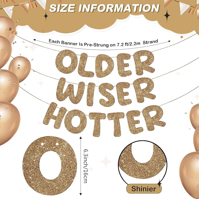 Fulmoon Set of 3 Pre Strung Older Wiser Hotter Glitter Banner Funny Birthday - Image 3