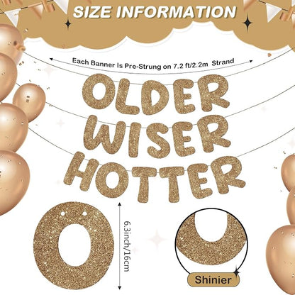 Fulmoon Set of 3 Pre Strung Older Wiser Hotter Glitter Banner Funny Birthday - Image 3