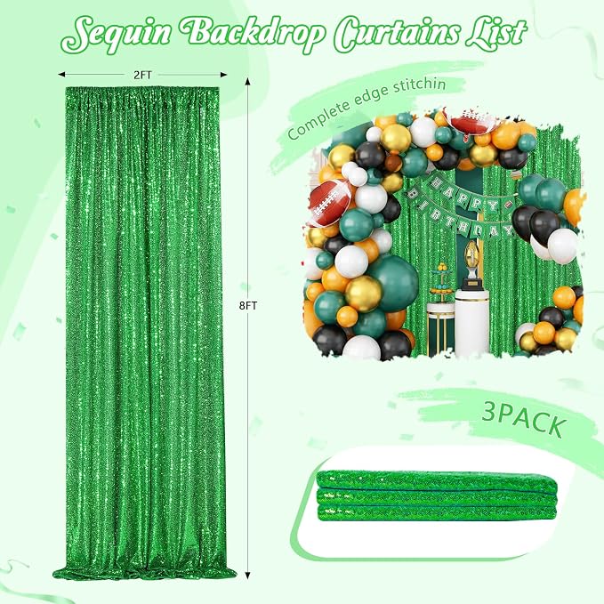 Sequin Curtains Christmas Backdrop 3 Panels Sequin Fabric 2FTx8FT Green | - Image 5
