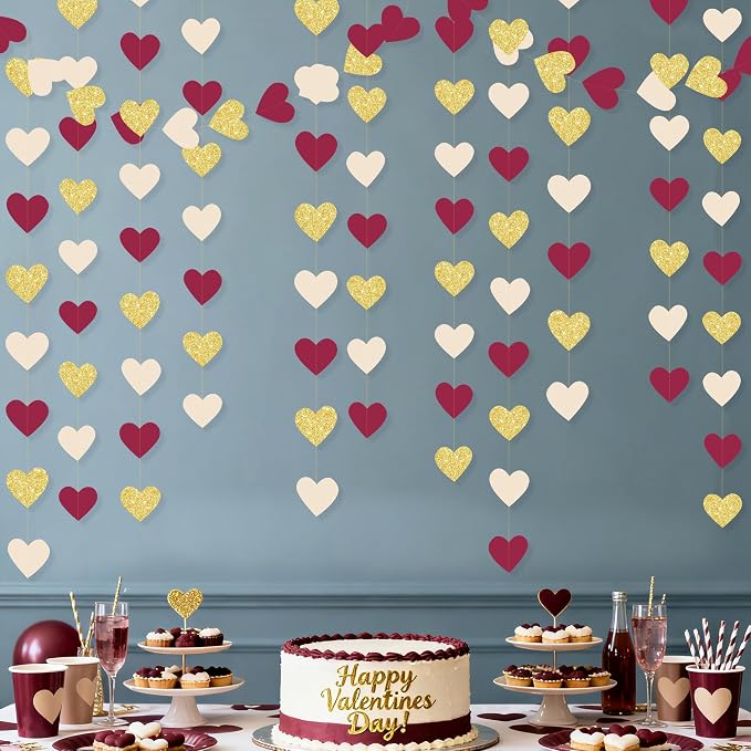 Maroon Gold Party Decorations Burgundy Beige Glitter Gold Paper Love Heart - Image 4