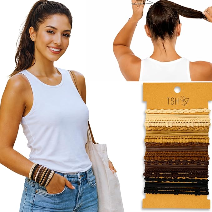 Boho Hair Ties, 20-Pack (4 Styles) Cute Elastic Bands for Thick or Thin Hair, No-Damage Stretch Bracelets, Brown Hair Accessories for Women & Girls (Desert Daydream)