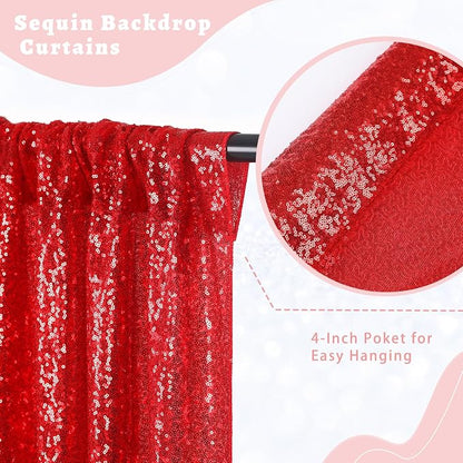 Red Sequin Backdrop Curtains 2 Pcs 3.3ftx8ft Sparkle Backdrop Fabric | Glitter - Image 3