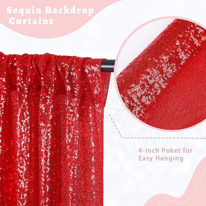 Red Sequin Backdrop Curtains 4 Pcs 2ftx8ft Glitter Shimmer Fabric | Sparkly - Image 2