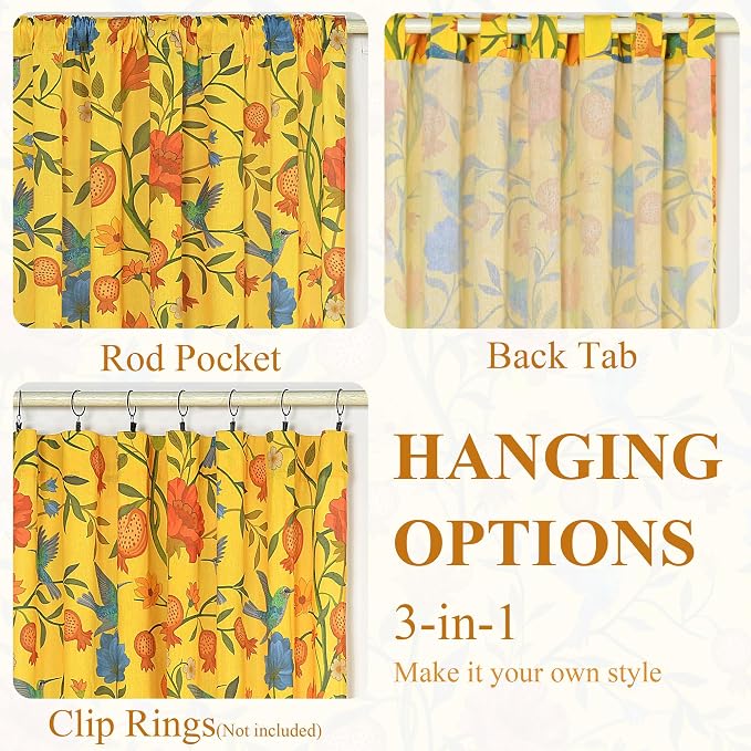 Mustard Yellow Floral Linen Curtains, Boho Whimsical Bird Print Curtains - Image 8