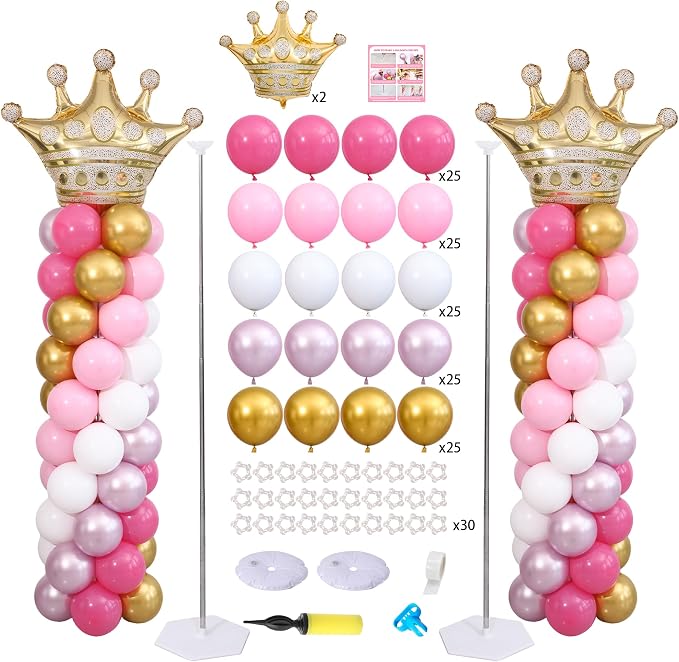 Princess Pink and White Gold Balloon Column Stand Kit Set of 2 by KIRINDECORATION