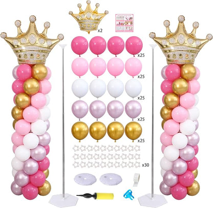 Princess Pink and White Gold Balloon Column Stand Kit Set of 2 by KIRINDECORATION