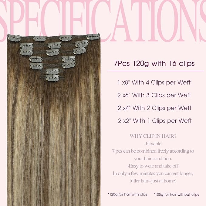 PINKPEARL Clip in Hair Extensions Human Hair, Remy Human Hair Clip ins for Women #4/27/4 Chocolate Brown to Caramel Blonde Balayage Clip Hair Extensions 7pcs 120g 22inch(#4/27/4-22)