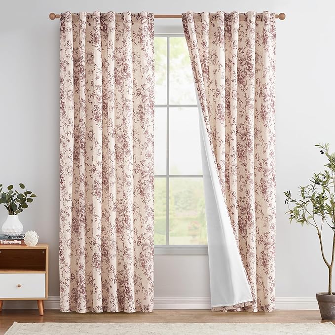 jinchan Red Floral Linen Curtains Lined 90 Inch Farmhouse Back Tab 2 Panels | by JINCHAN