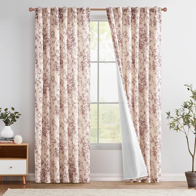 jinchan Red Floral Linen Curtains Lined 84 Inch Farmhouse Back Tab 2 Panels | by JINCHAN