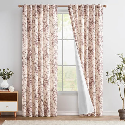 jinchan Red Floral Linen Curtains Lined 84 Inch Farmhouse Back Tab 2 Panels | by JINCHAN