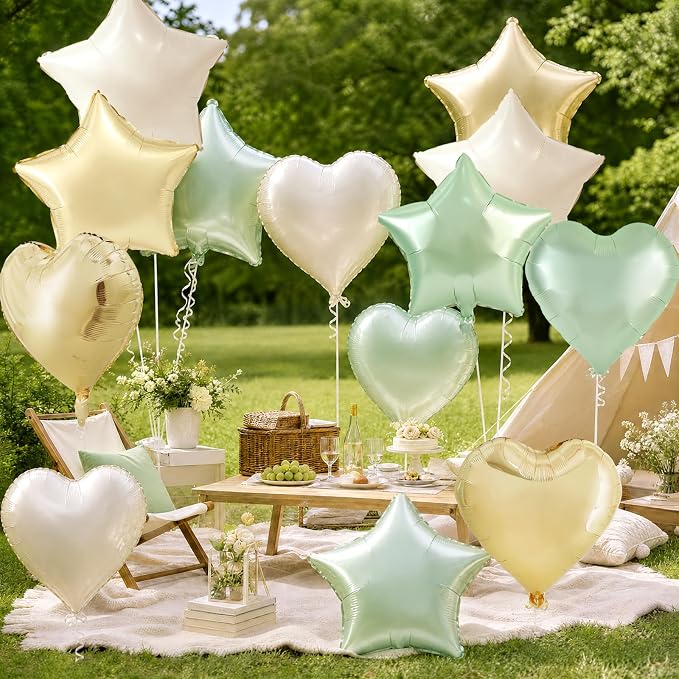 TONIFUL 18 Inch Sage Green and Champagne Gold Star and Heart Foil Balloons - Image 6