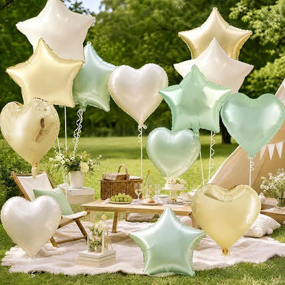 TONIFUL 18 Inch Sage Green and Champagne Gold Star and Heart Foil Balloons - Image 6