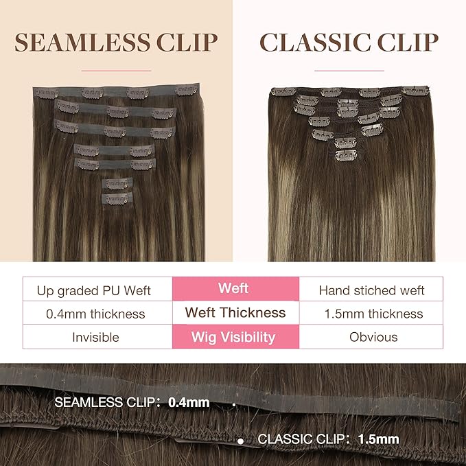 GOO GOO Clip in Hair Extensions Real Human Hair, Remy Human Hair Extensions Clip ins for Women, Natural Human Hair, 18inch 130g 7Pcs, 4/26/4 Balayage Chocolate Brown to Honey Blonde
