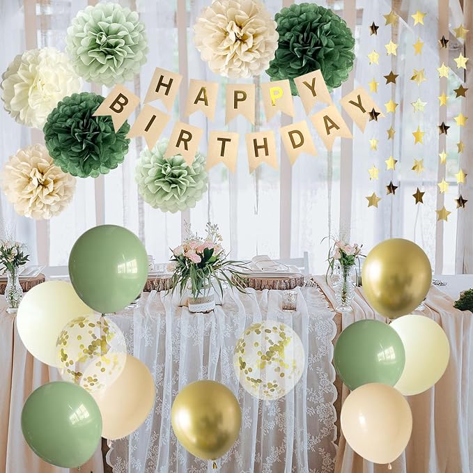 ANSOMO Sage Green Happy Birthday Party Decorations Retro Green Nude Ivory Dark - Image 4