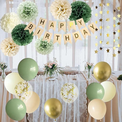 ANSOMO Sage Green Happy Birthday Party Decorations Retro Green Nude Ivory Dark - Image 4
