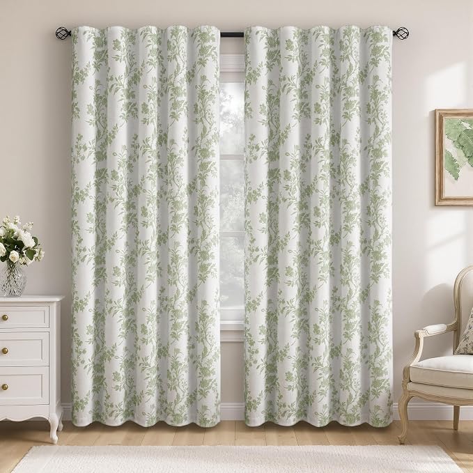 Sage Green Boho Floral 100% Blackout Curtains 84 Inch 2 Panels | Farmhouse - Image 2