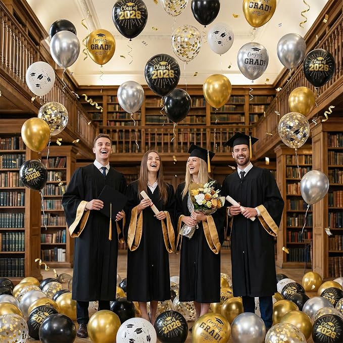 Black and Gold Graduation Balloons, 12 Inch Metallic Silver Gold Confetti Latex - Image 6