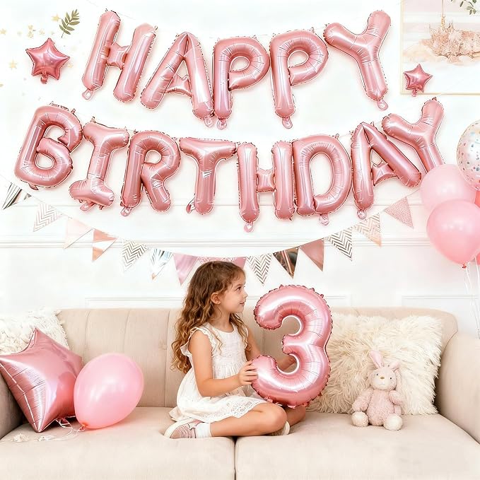 Pink Happy Birthday Balloon Banner Set -16 Inch Foil Letters Balloons, Reusable - Image 3