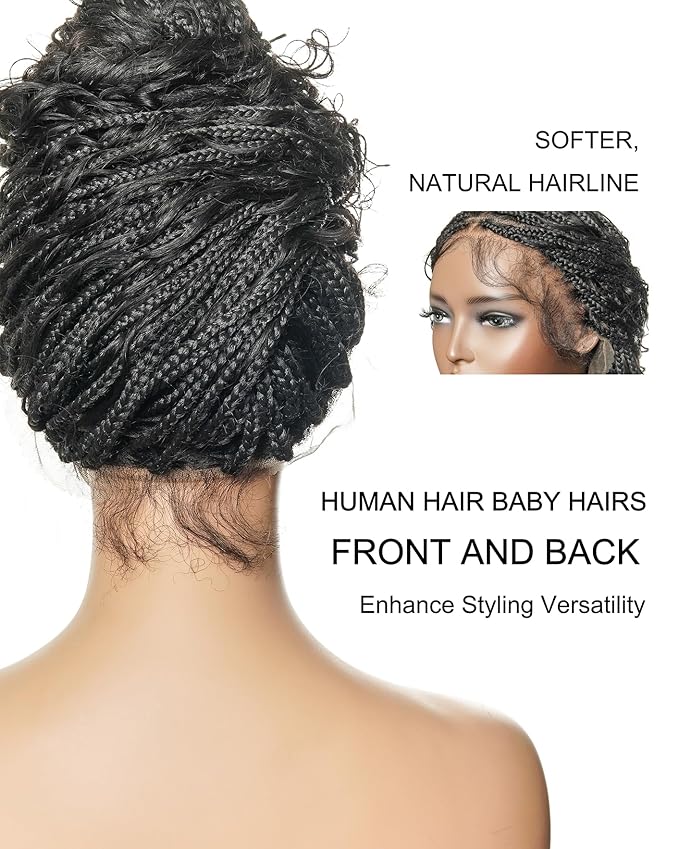 Human Hair Boho Curls Hand-Tied HD Full Lace Wig - 36" Salon-Level Small Box Synthetic Braids (100 Braids, High Density) Pre-Cut Swiss HD Lace, Pre-Plucked, Knotless, Tangle-Free - Black 1B