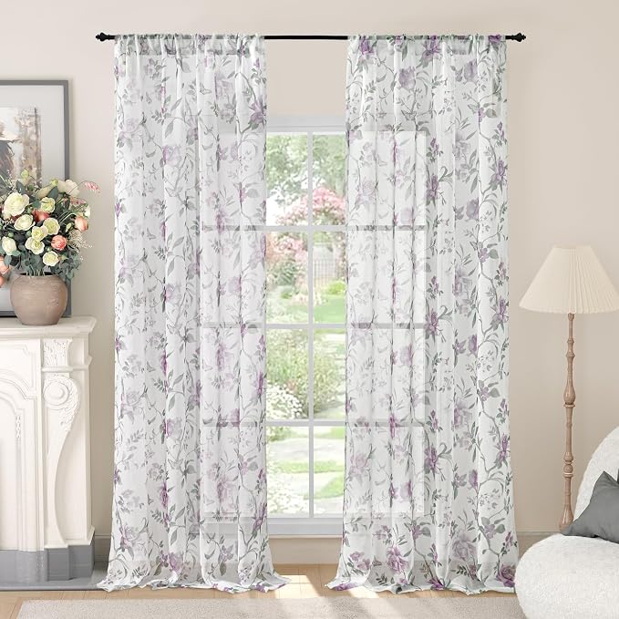 Floral Sheer Curtains 96 Inch Length 2 Panels, Vintage Farmhouse Light by Lajode