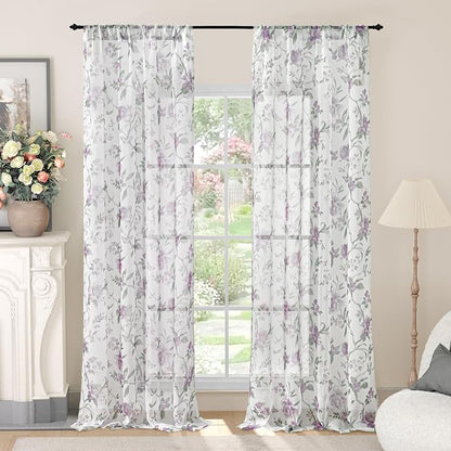 Floral Sheer Curtains 96 Inch Length 2 Panels, Vintage Farmhouse Light by Lajode
