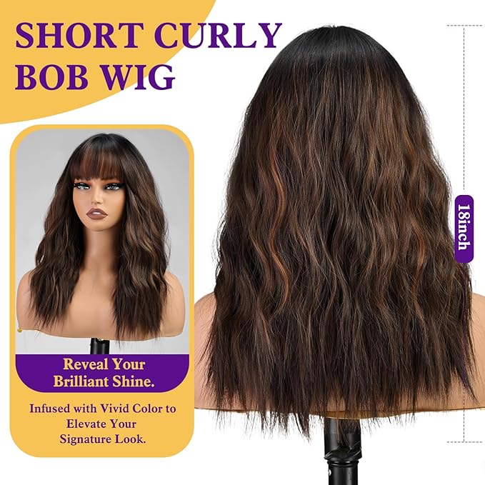 Ombre Brown Wig with Bangs,Black mix Brown Highlight Wavy Wigs for Women,Shoulder Length Curly Synthetic Hair Wig for Party Daily Use 18IN…