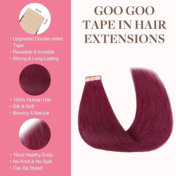 GOO GOO Tape in Hair Extensions Human Hair, Burgundy, 18inch 50g 20pcs, Skin Weft Seamless Invisible, Silky Straight with Thick Ends, Remy Human Hair