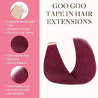 GOO GOO Tape in Hair Extensions Human Hair, Burgundy, 26inch 60g 20pcs, Skin Weft Seamless Invisible, Silky Straight with Thick Ends, Remy Human Hair
