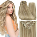 Full Shine Clip on Human Hair Extensions Blonde 14 Inch Hair Extensions Clip ins Real Human Hair Golden Blonde Highlights Light Blonde 120 G 7 Pcs