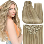 Full Shine Clip on Hair Extensions Blonde Highlights Human Hair Clip in Extensions 16 Inch Dark Blonde Mix Light Blonde Hair Extensions Human Hair 120 G 7 Pcs