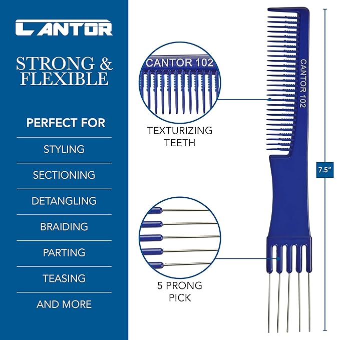 Lift Teasing Comb & Hair Pick - 2 Pack, Five Stainless Steel Lifts - Chemical & Heat Resistant Detangler - Anti Static Comb For All Hair Types - By Cantor