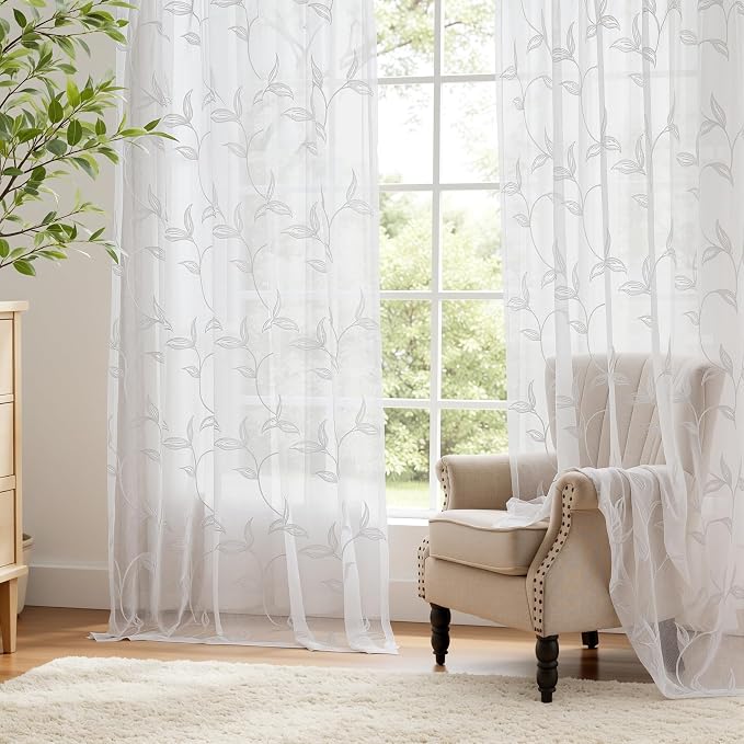 White Sheer Curtains Boho Leaf Floral Embroidered 54Wx63L | Light Filtering - Image 6