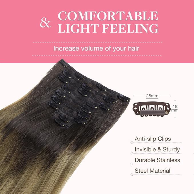 GOO GOO Clip in Hair Extensions Real Human Hair, Remy Human Hair Extensions Clip ins for Women, Natural Human Hair, 20inch 150g 9Pcs, 2/6/18 Balayage Brown to Dirty Blonde