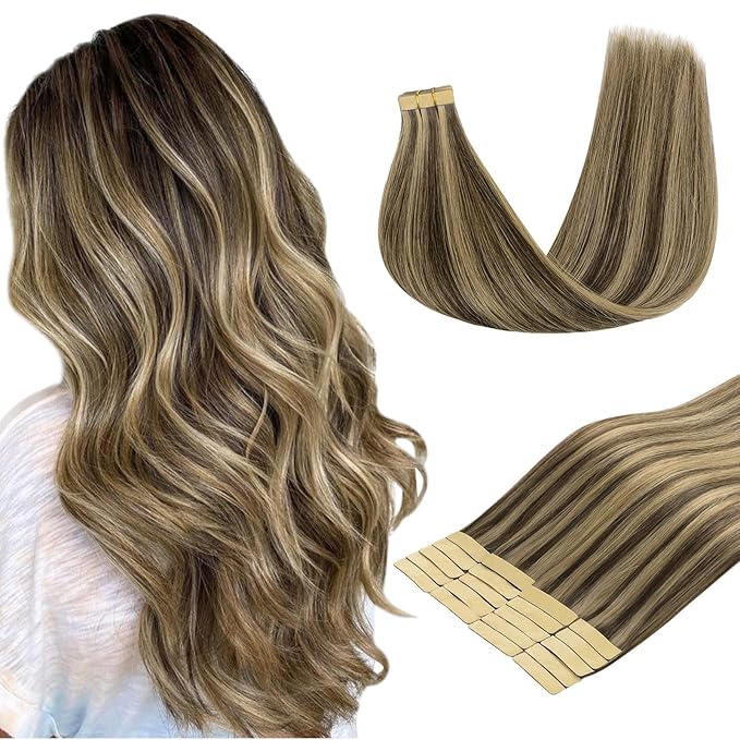 DOORES Tape in Hair Extensions, Real Human Hair, Chocolate Brown Highlight Caramel Blonde 20pcs 50g 18 Inch, Invisible Remy Straight Hair