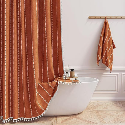 54 x 72 Boho Linen Heavy Duty Cloth Shower Curtain Set, Burnt Orange | Small by ShowerCurtain