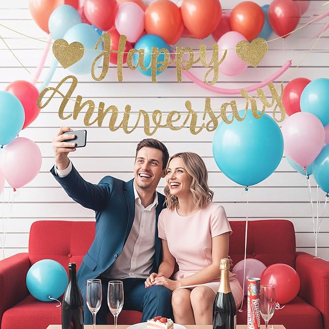 Happy Anniversary Banner, Glitter Happy Anniversary Decorations No DIY - Image 4