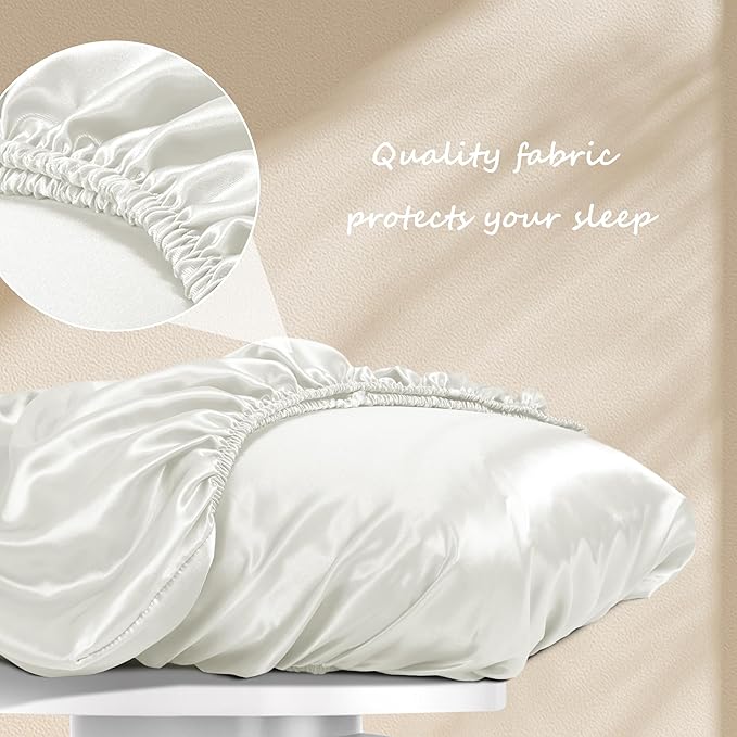 Manyshofu Satin Pillowcases for Hair Protection - 2Pcs White Pillow Cases, Elastic Band Standard & Queen Satin Pillowcases Luxury Silky Pillow Cases Travel Pillow Covers
