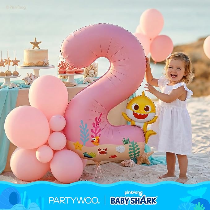 PartyWoo Baby Shark Pink Foil Round Star Mylar Number 2 Balloons 5pcs | Balloons - Image 4
