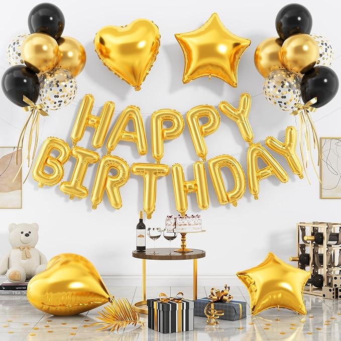 29PC Gold Happy Birthday Balloon Banner, 16 Inch 3D Aluminum Letter Banner Sign by Paready
