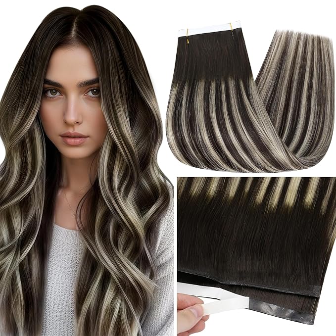 Full Shine Dark Brown Hair Extensions Tape in Weft Hair Extensions Human Hair Color Balayage 2/60/2 Invisible Double Weft Extensions Tape ins 20Inch Real Human Hair Cuticles Aligned 50G One Piece