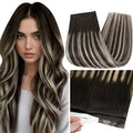 Full Shine Genius Weft Tape Weft Hair Extensions Color 2/60/2 Dark Brown Ombre Blonde And Brown 24Inch Long Wide Tape in Hair Extensions for Women 50G One Piece Full Head Bridal Hairstyles Soft