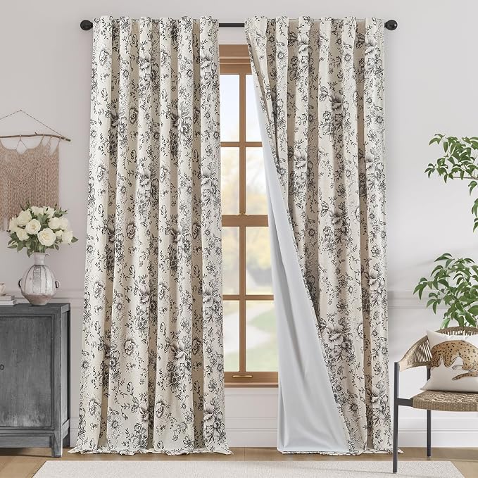 jinchan Black Floral Linen Blackout Curtains 96 Inch Back Tab 2 Panels | by JINCHAN