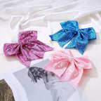 Large Glitter Cheer Bows Clips, Jumbo Big 7 Inch Cheerleading Sequin Hair Bow Hair Accessories for Teens Girls Football Sports Cheerleader Outfit Uniform (Light Purple)